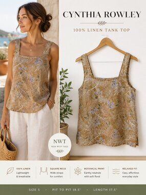 Cynthia Rowley 100% Linen Floral Tank Top Square Neck Neutral Small
